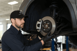 Factory-certified technician performing INFINITI brake inspection at Herrin-Gear INFINITI in Jackson MS