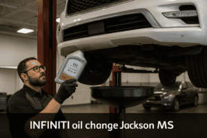 INFINITI oil change service being performed with Genuine INFINITI OEM parts at Herrin-Gear INFINITI Jackson MS