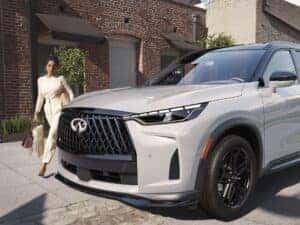 Front view of new INFINITI QX60 SUV on display at Herrin-Gear INFINITI in Jackson Mississippi