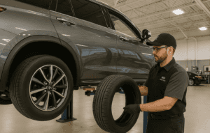 Wheel alignment being performed on INFINITI vehicle at Herrin-Gear INFINITI in Jackson Mississippi