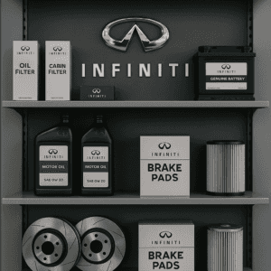 INFINITI SUV receiving tire and brake service at Herrin-Gear INFINITI service bay in Jackson Mississippi