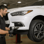 Factory-certified technician installing new tires on an INFINITI SUV at Herrin-Gear INFINITI Jackson Mississippi