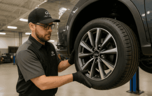 Factory-certified technician installing new INFINITI tires at Herrin-Gear INFINITI in Jackson MS