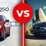 Side by side of red 2018 INFINITI Q50 and blue 2018 BMW 3 Series