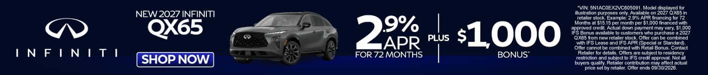 New 2027 INFINITI QX65 2.9% APR for 72 Mos Plus $1,000 Bonus*