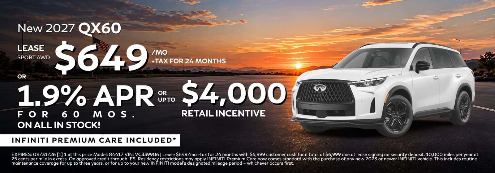 NEW 2027 QX60 Lease or 1.9% APR or Retail Incentive At INFINITI Roseville