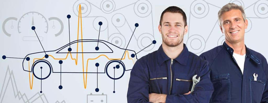 professional repair technicians in front of a diagram of a car