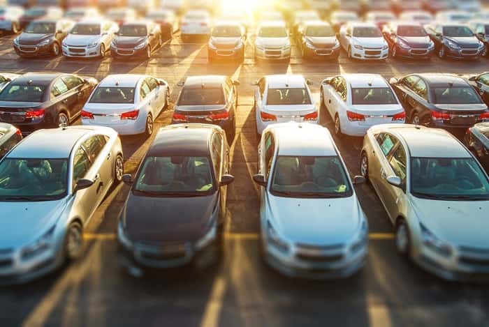 Rows of upre-owned cars in Van Nuys, CA
