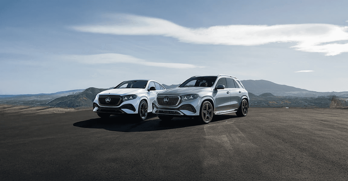 Two Mercedes Benz GLE SUV, white and gray