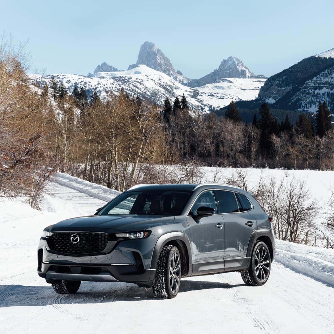 Mazda SUV parked outside on a snowy road near snowy mountains.