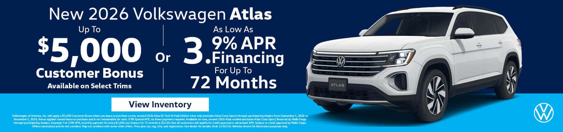 New 2026 Volkswagen Atlas – Up to $5,000 Customer Bonus or 3.9% APR financing for up to 72 months