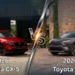 A 600x400 comparison image showing a red Mazda CX-5 on the left and a dark grey Toyota RAV4 on the right, separated by a metallic 'VS' logo and diagonal divider line, with no other text present.