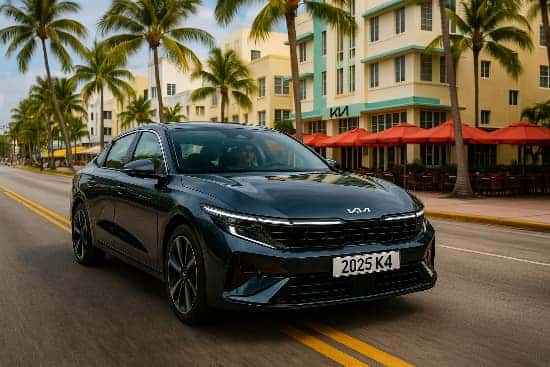 Black Kia K4 2025 Cruising on Ocean Drive