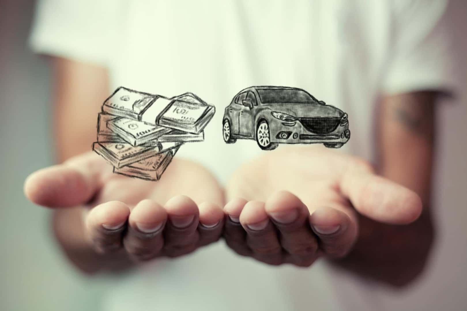 Money and car sketches over picture of hands
