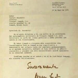 1980 signed letter from Henry Ford II honoring 50 years of partnership