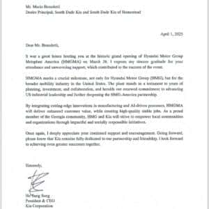 Commemorative thank-you letter from Kia Corporation CEO Ho Sung Song