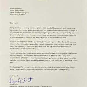 2020 Toyota Board of Governors award letter