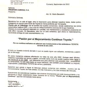 2002 Toyota de Venezuela letter recognizing continuous improvement efforts