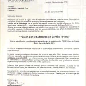 2002 Toyota de Venezuela sales leadership letter to Mario Benedetti