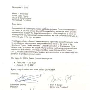 2020 Southeast Toyota re-election letter for Dealer Advisory Council Representative