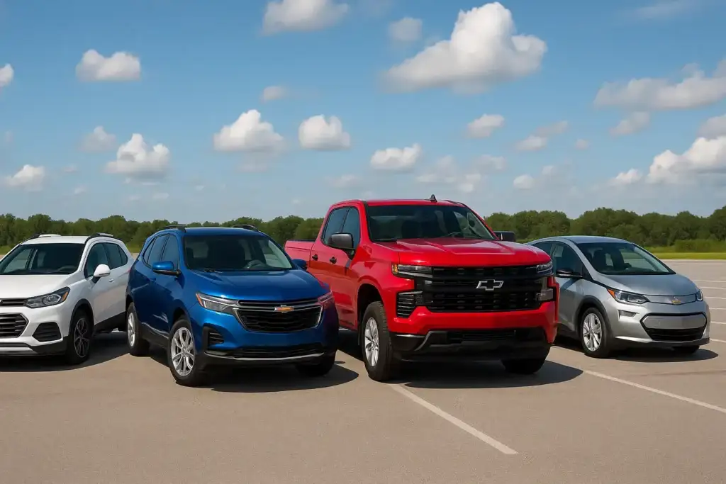Chevrolet vehicles lineup featuring a white Trax, blue Equinox, red Silverado truck, and silver Bolt EV parked under a bright blue sky.