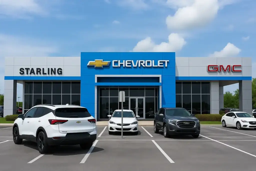 Dealer Orlando Chevrolet GMC showroom exterior with blue and white facade, Chevrolet and GMC logos, and cars parked in front of the dealership.