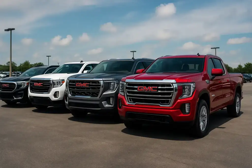 A lineup of GMC cars including SUVs and a red GMC Sierra truck parked in an outdoor lot under a blue sky, showcasing the bold grilles, chrome accents, and signature GMC design.