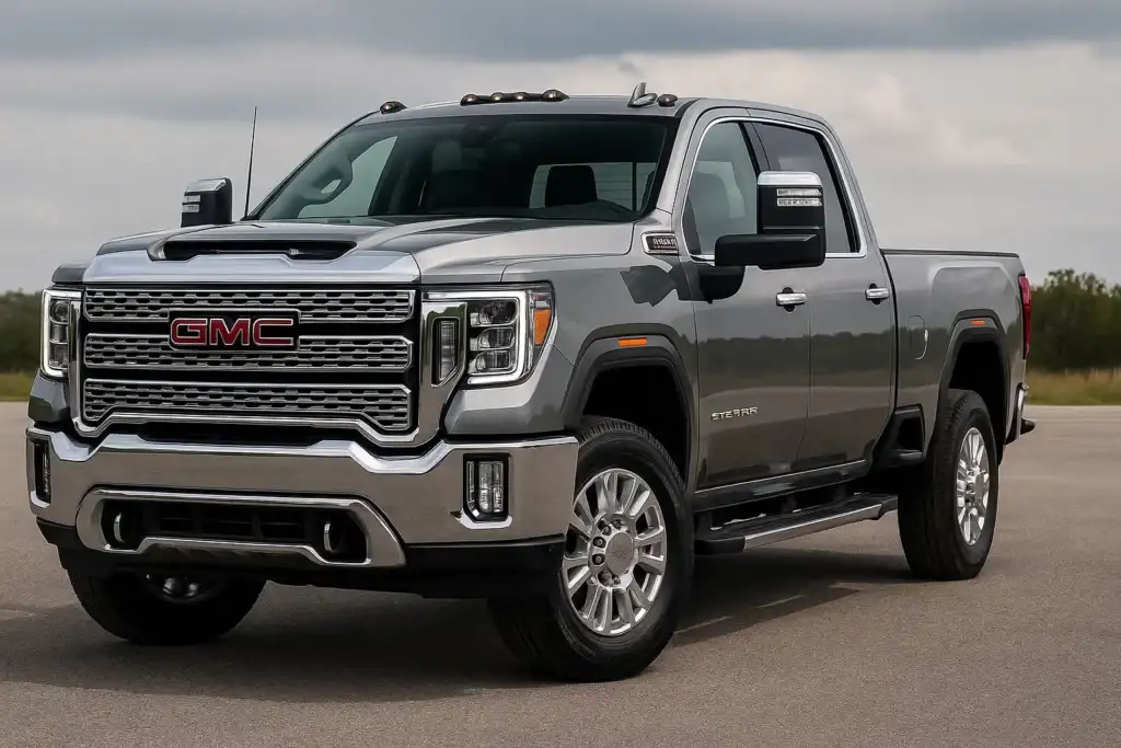A metallic silver GMC Sierra 2500 heavy-duty pickup truck parked outdoors on pavement, showcasing its bold chrome grille, red GMC badge, and rugged professional-grade design.