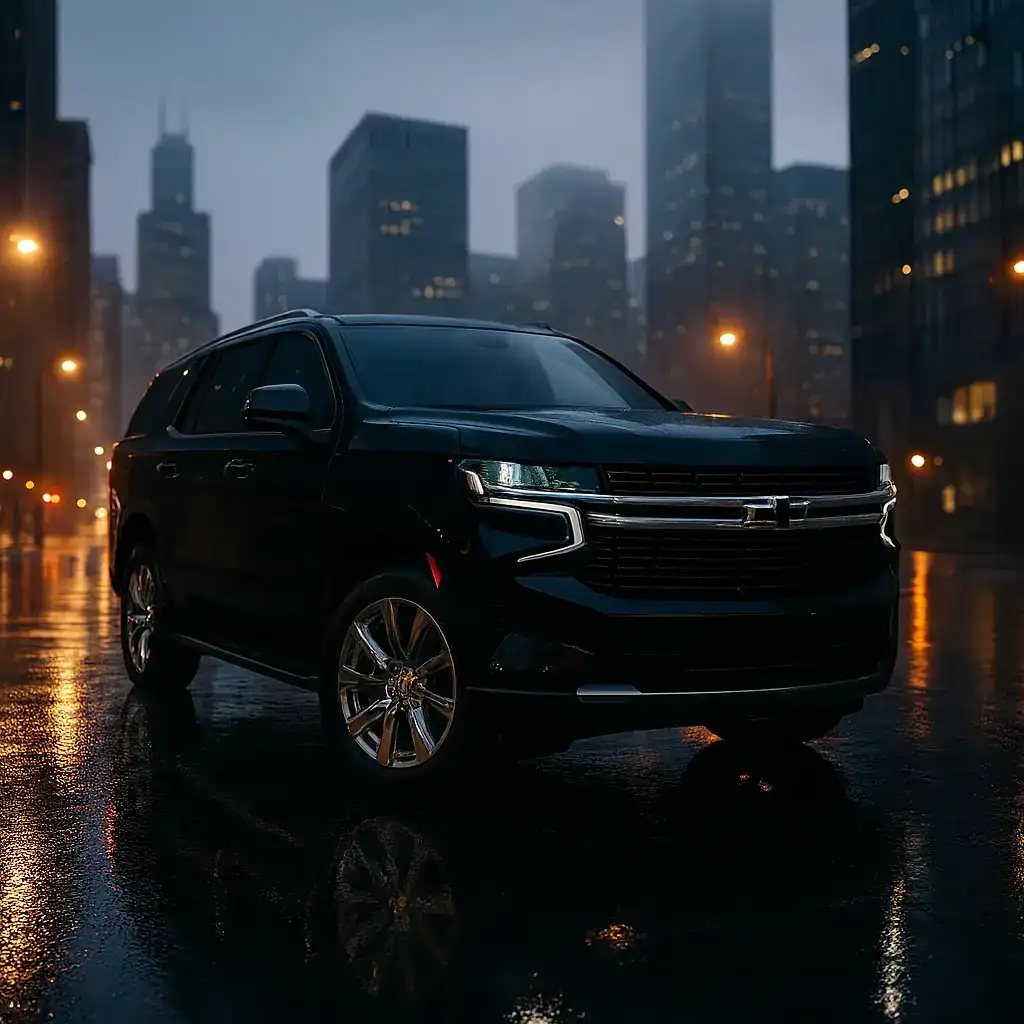 A black 2025 Chevy Tahoe is parked on a rain-soaked city street at night, its LED headlights and chrome grille reflecting urban lights. The moody skyline and wet pavement add a dramatic backdrop, complementing the SUV’s bold presence while highlighting its premium design in the context of 2025 Chevy Tahoe price and appeal.