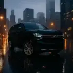 A black 2025 Chevy Tahoe is parked on a rain-soaked city street at night, its LED headlights and chrome grille reflecting urban lights. The moody skyline and wet pavement add a dramatic backdrop, complementing the SUV’s bold presence while highlighting its premium design in the context of 2025 Chevy Tahoe price and appeal.