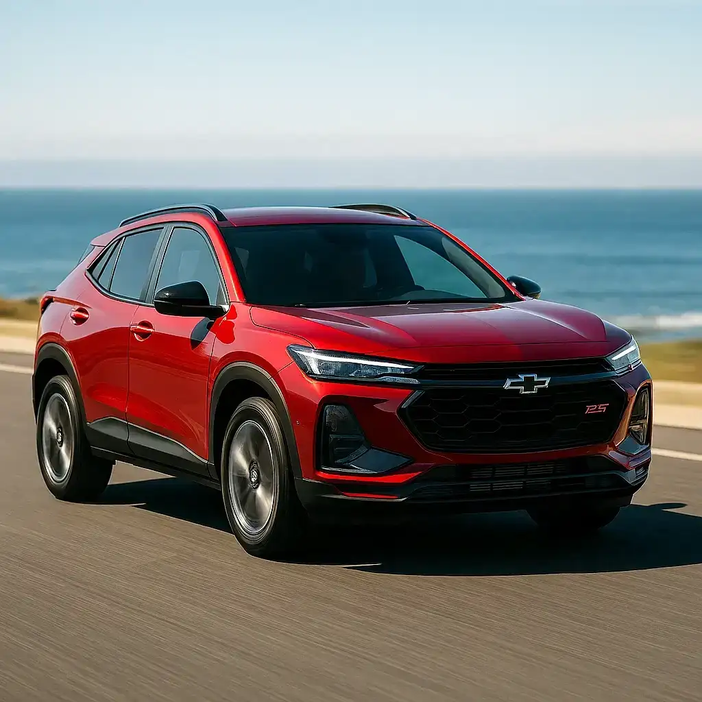 A red Chevy Trax RS drives along a coastal highway under clear blue skies, with the ocean visible in the background. The sporty design, black grille, and RS badging highlight the vehicle’s bold styling, perfectly showcasing the appeal of the Chevy Trax RS.