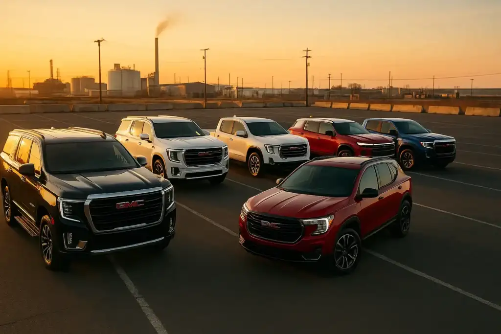 A lineup of six GMC SUVs in various colors, including black, white, red, and blue, is parked in an empty lot at sunset with an industrial skyline in the background. The image showcases the diverse range of models available, making it ideal for highlighting GMC autos for sale.