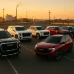 A lineup of six GMC SUVs in various colors, including black, white, red, and blue, is parked in an empty lot at sunset with an industrial skyline in the background. The image showcases the diverse range of models available, making it ideal for highlighting GMC autos for sale.