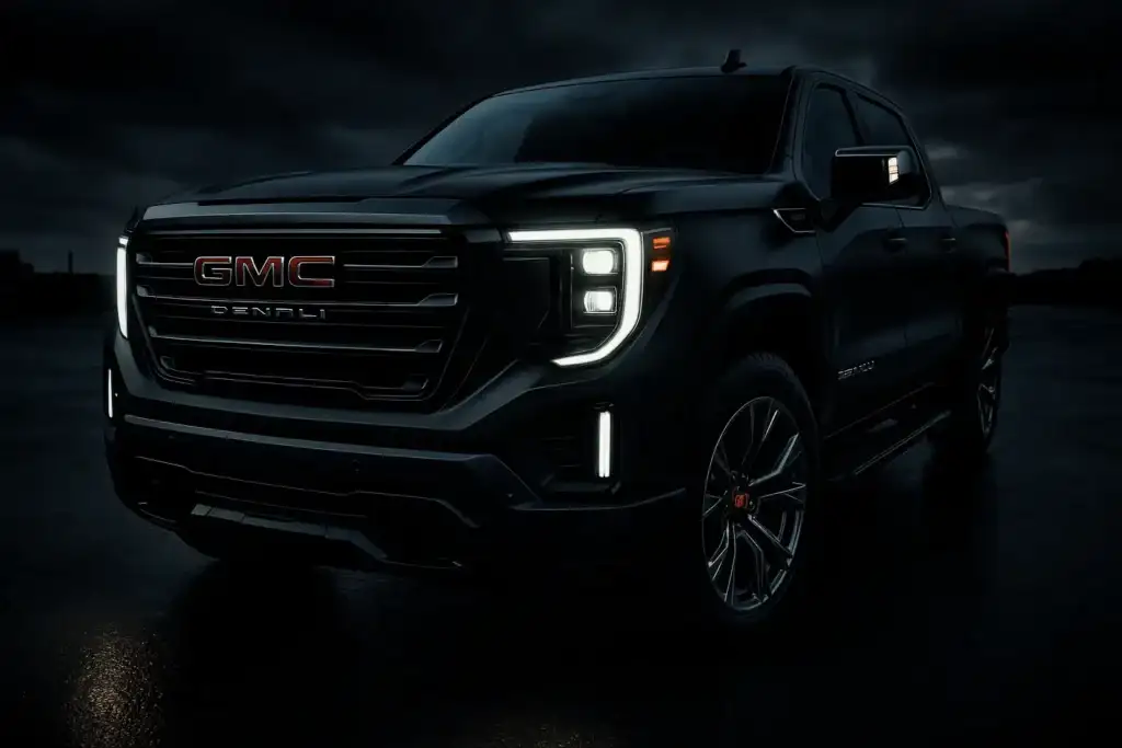 A black GMC Sierra Denali is parked on a dark, wet surface under moody skies, with its LED headlights and signature grille dramatically illuminated. The close-up angle emphasizes the truck's bold design and luxury detailing, perfectly representing the commanding presence of the GMC Sierra Denali.