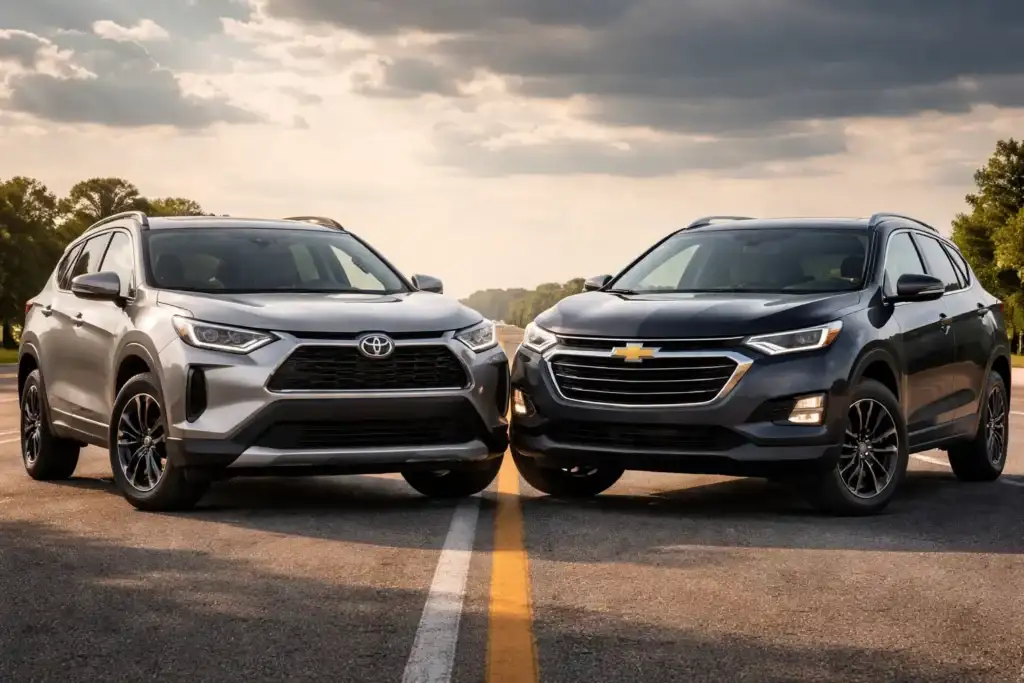 Realistic front-facing comparison image of a silver Toyota SUV and a dark blue Chevrolet SUV parked nose to nose on an open road under a cloudy sky, symbolizing a head-to-head brand comparison