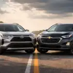 Realistic front-facing comparison image of a silver Toyota SUV and a dark blue Chevrolet SUV parked nose to nose on an open road under a cloudy sky, symbolizing a head-to-head brand comparison