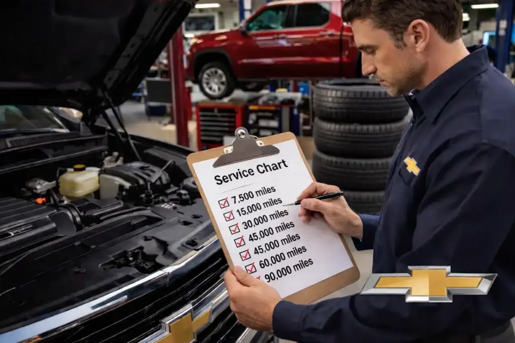 Auto technician checks service intervals