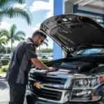 Mechanic working under tropical sunlight