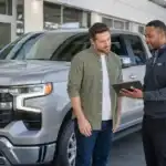 Modern showroom with Chevrolet truck and staff
