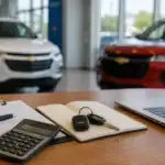 Car Dealership Desk with Keys and Calculator