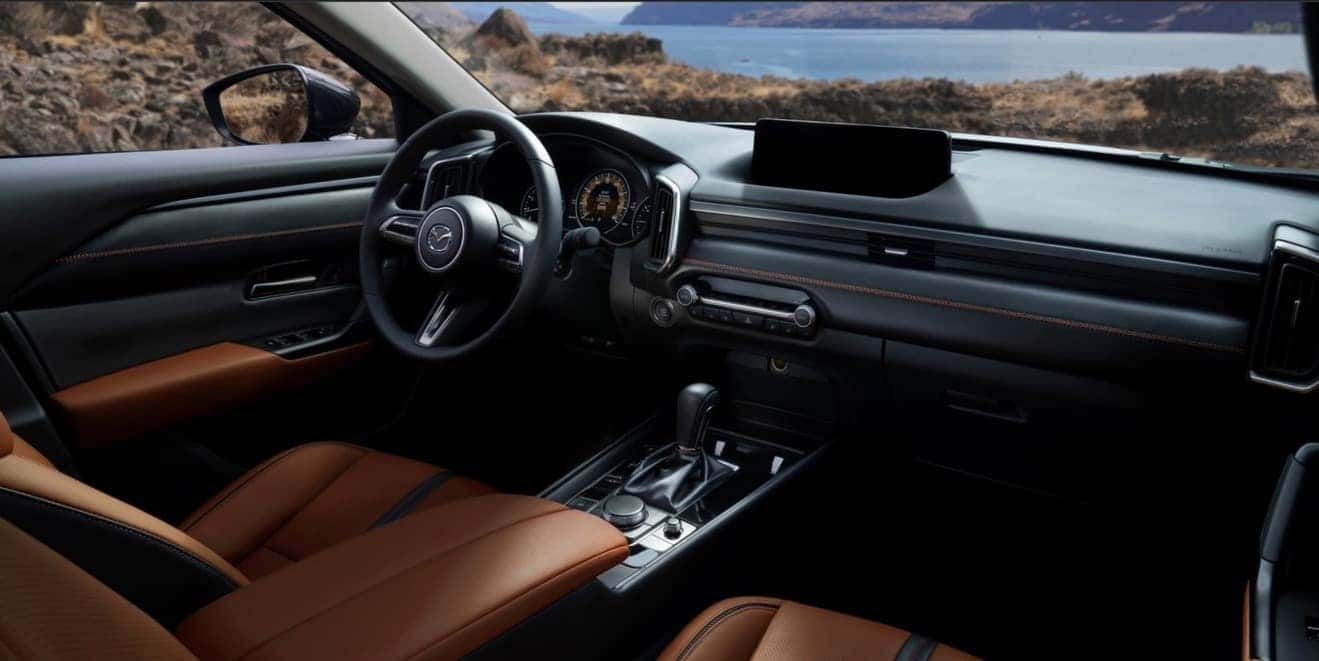 2027 Mazda CX-50 interior with terracotta leather-trimmed seating