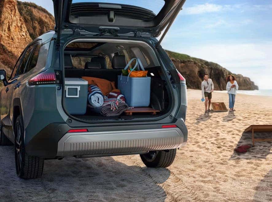 Toyota RAV4 rear cargo area with liftgate open at the beach