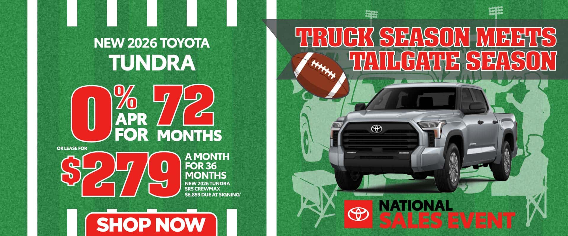 New 2026 Toyota Tundra "0% APR 72 MOS OR $279/MO 36 MO LEASE NEW 2026 TUNDRA SR5 CREWMAX $6,859 due at signing*"