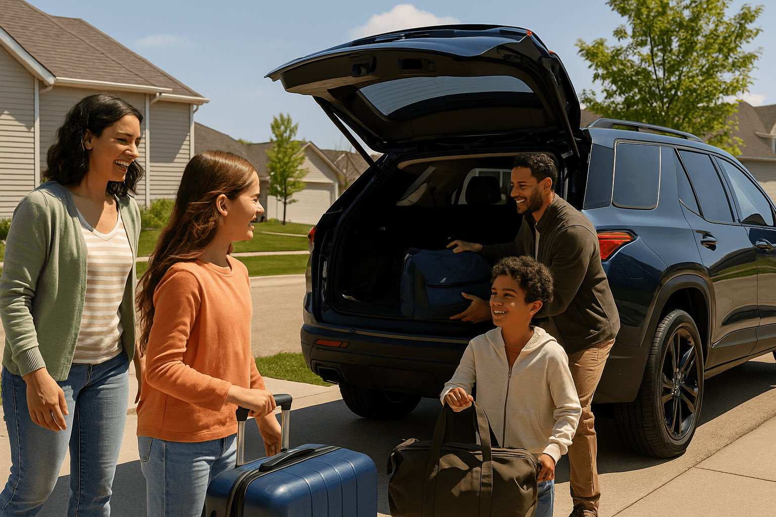 A smiling family of four packs luggage into a 2025 Chevrolet Traverse parked in a sunny suburban driveway, preparing for a family road trip.