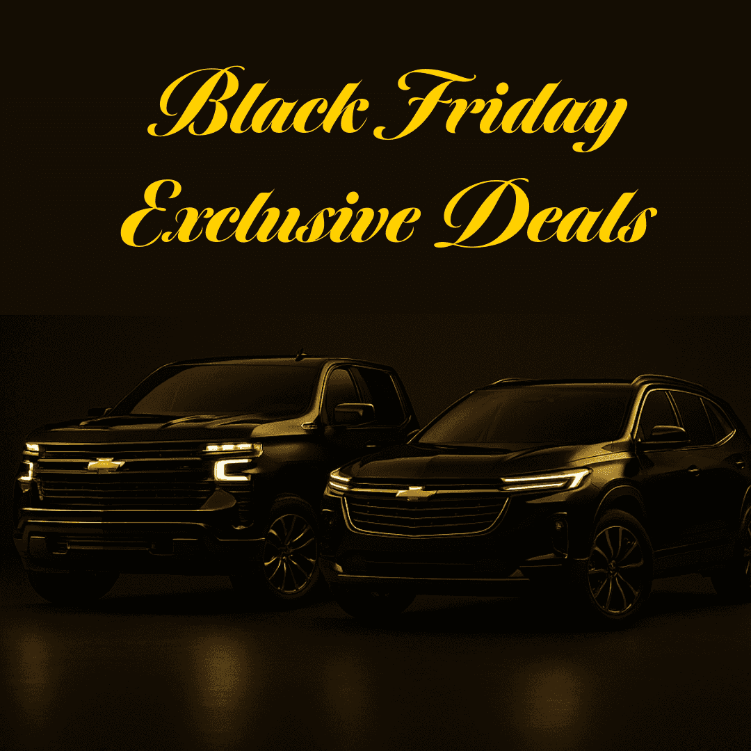 Gold-lit 2025 Chevy Silverado and 2025 Chevy Traverse displayed against a dark background for Woodstock Chevy’s Early Bird Black Friday Exclusive Pricing event.