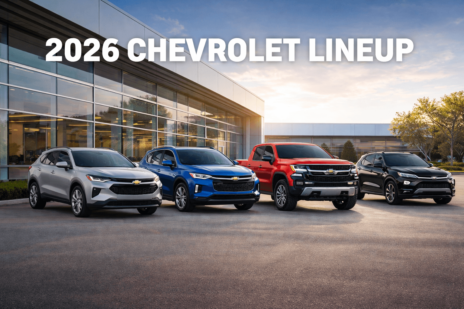 2026 Chevrolet lineup featuring the Equinox, Traverse, Silverado, and Trailblazer outside Woodstock Chevy in Woodstock Illinois