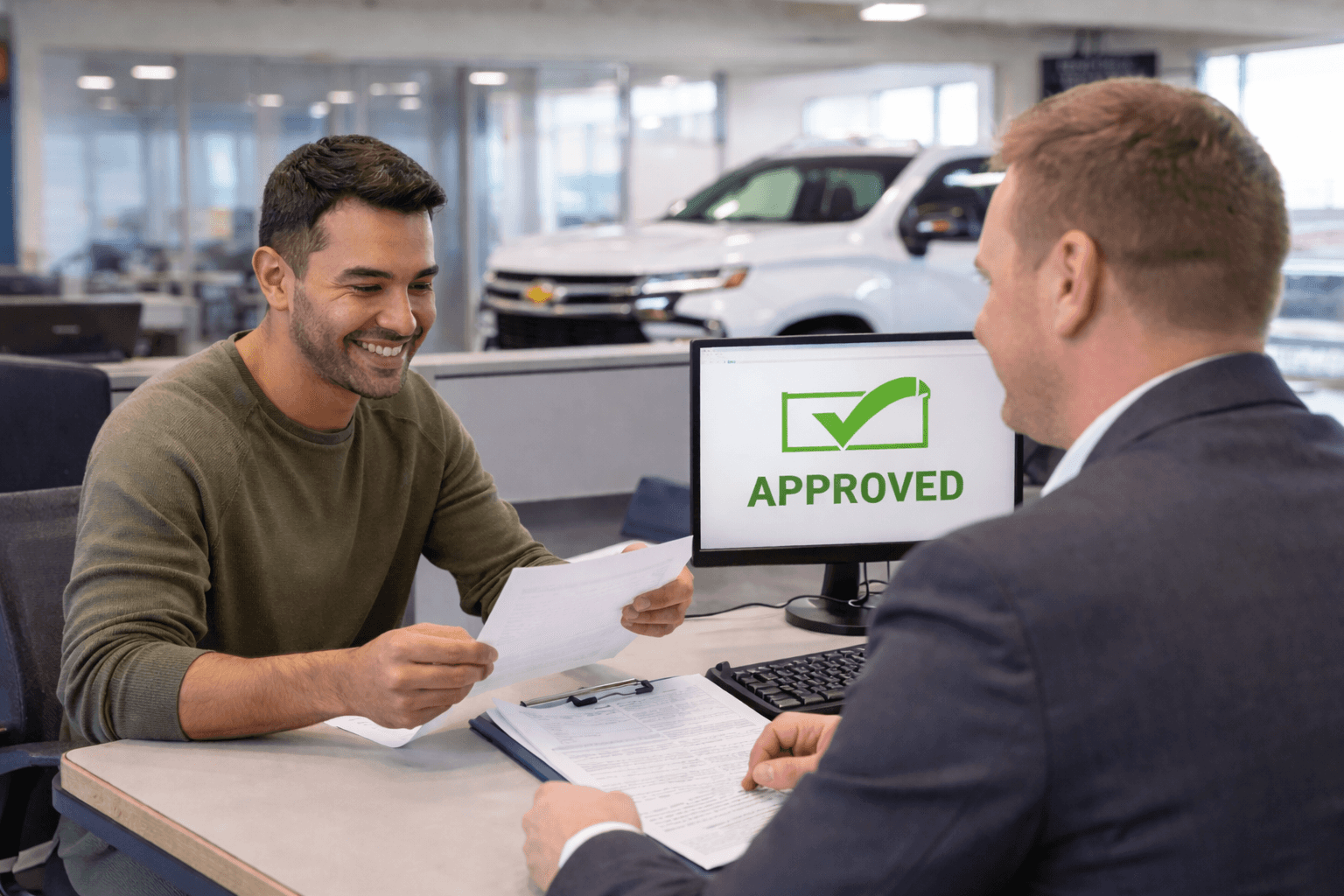 Customer reviewing auto financing paperwork with a sales representative at Woodstock Chevy in Woodstock Illinois